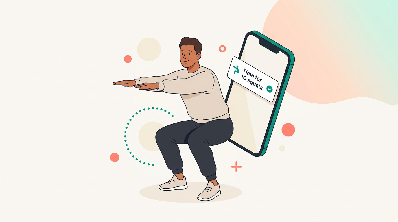 A person doing an air squat next to a phone showing a reminder to do 10 squats.